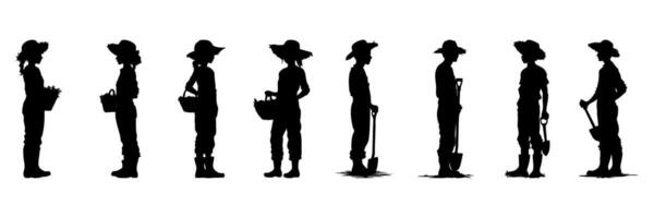 Silhouette Of Farmers With Tools Icon Set. Agricultural Work And Gardening Theme Solid Symbol Collection. Farming And Horticulture Visuals. Isolated Illustration vector