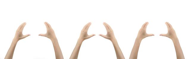 Hands showing coordinated gestures isolated on white background demonstrating unity and teamwork concept for business collaboration and partnership presentations in corporate environments. photo