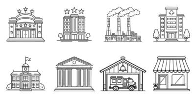 Building Icon Set. Urban Infrastructure And Public Services Collection. Isolated Illustration vector