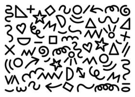 Modern shape set star, arrow, triangle, circle, heart, zigzag, spiral, wavy lines. Retro 80s, 90s Memphis pattern with abstract, fun, cute, kid friendly doodle style. vector
