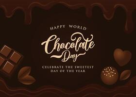 Elegant Happy World Chocolate Day template with rich melted chocolate background. Celebrate the sweetest day of the year with this greeting card, banner, and poster design vector