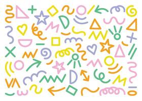 Modern basic shape set with star, arrow, triangle, circle, heart, zigzag, spiral, and wavy lines. Trendy Memphis pattern, retro 80s,90s abstract cute doodle style vector