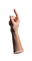 Index finger pointing upward in straight vertical gesture touching touchscreen. Close up of female photo