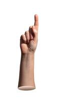 Index finger pointing upward in front view with clean wrist and arm. Close up of female hand photo