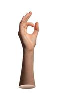 Okay finger gesture. Woman s hand and arm raised in cool round pose showing acceptance, approval, photo