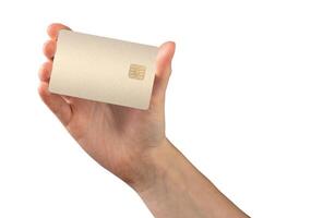 Bank card in hand, with debit or credit card for secure payment. Offering financial services, online photo