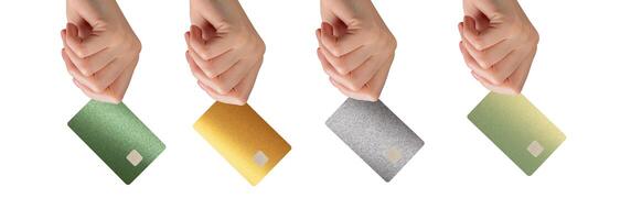 Bank card in hand, showing options for credit or debit card with chip. Representing cashless photo