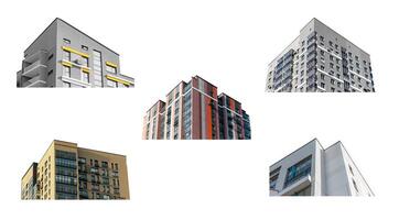 Contemporary multi storey buildings set, modern architecture with a colorful facade and large photo