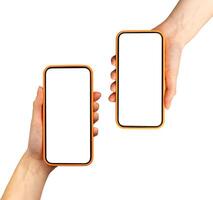 Hand holding two smartphones showing app screen. Mobile cellular devices with technology display. photo