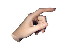 Finger pointing gesture with forefinger and thumb in interactive tap pose. Female hand showing photo