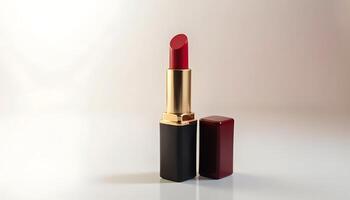 Close up image of a red lipstick with black and gold case on white background Generated using AI photo