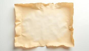 Aged blank parchment paper with rugged edges on white background Descriptive image by using AI photo
