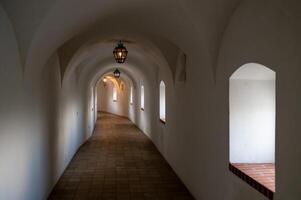 A long hallway with arched windows and a light photo