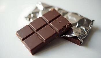 Close up of delicious dark chocolate bar partially unwrapped on silver foil packaging Generated using AI photo