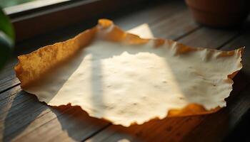 Close up of a dried torn leaf on a wooden surface in natural sunlight with warm tones Generated using AI photo