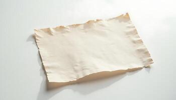 Close up of blank aged paper with torn edges on white surface Generated using AI photo