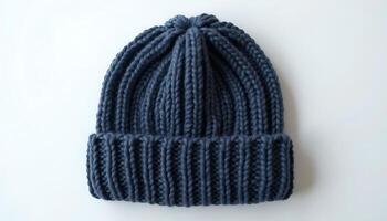 Close up of a blue knitted beanie hat with thick yarn on white background Generated using AI photo