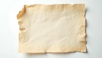 Aged parchment paper with worn edges on white background description by using AI photo