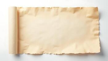 Ancient looking blank scroll of parchment paper with torn edges creative background Generated using AI photo