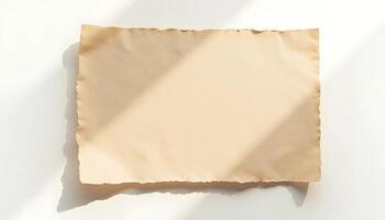 A blank aged parchment paper on white surface with shadow play in natural light by You Generated using AI photo