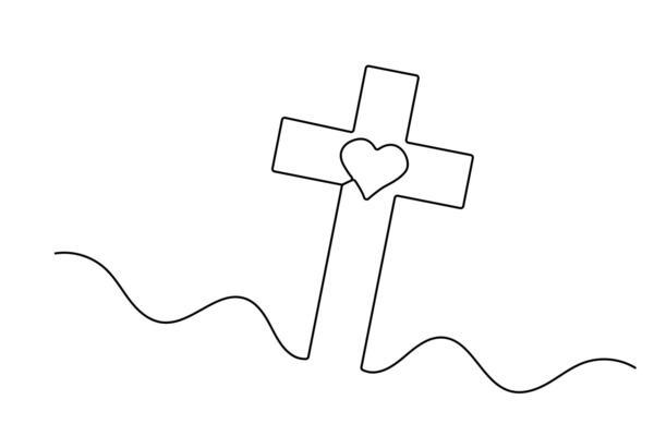Clean minimalist icon with three crosses christian religion continuous line isolated outline art
