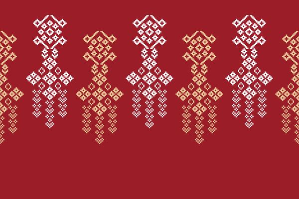 Design of fabric pattern with red background art pixel motif.
