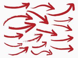 Set of Hand-Drawn Arrows Created with Red Brush Strokes. Bold Ink Directional Marks Isolated on White Background for Highlight and Emphasis vector