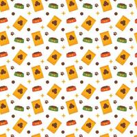 Seamless dog food pattern with bowl and paw. Pet feed print with footprint and meal vector