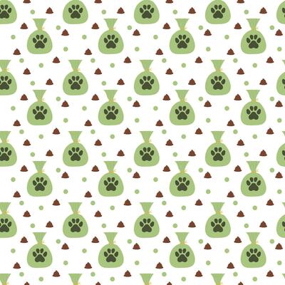 Seamless green poop bag pattern with pet waste cleanup. Dog or cat pet care background