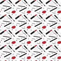 Seamless makeup pattern with red lipstick, eyelashes and hearts. Beauty cosmetic background vector