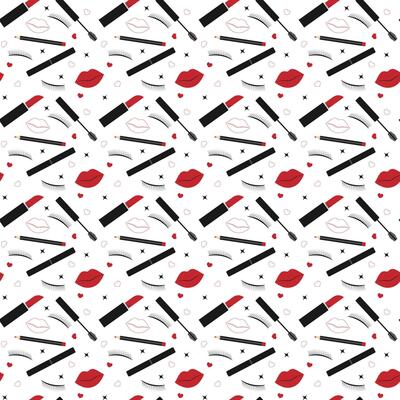 Seamless makeup pattern with red lipstick, eyelashes and hearts. Beauty cosmetic background