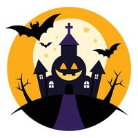 Halloween illustration of a haunted castle and a witch on a full moon night castle with bats and bats vectorillustration vector