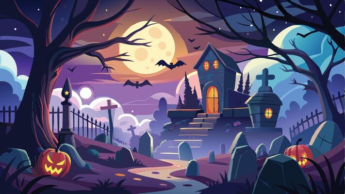 Halloween illustration of a haunted castle and a witch on a full moon night