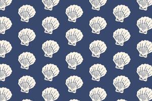 seashell pattern with white scallop shells on navy blue minimal marine repeat design for beach fabrics, summer textiles and packaging. vector