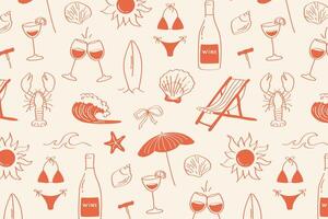 Summer pattern with glasses, swimsuit, shell, surfboard, starfish, wave, cocktail, sun, lounger in minimalist retro style vector