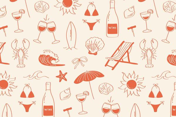 Summer pattern with glasses, swimsuit, shell, surfboard, starfish, wave, cocktail, sun, lounger in minimalist retro style