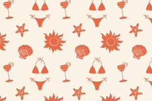 pattern with cocktail glasses, shells, sun, dripper. Retro summer beach elements vector