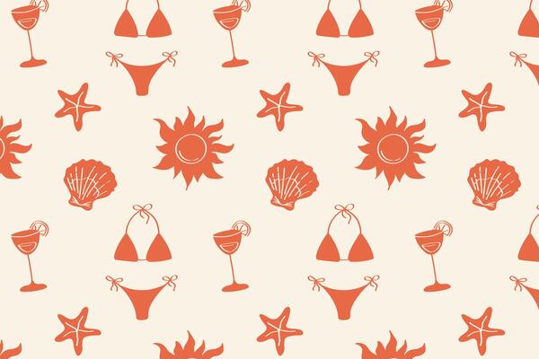 pattern with cocktail glasses, shells, sun, dripper. Retro summer beach elements