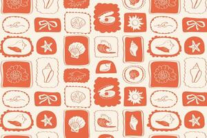 pattern of framed ocean icons shells, flowers, sun, ribbons and waves in coral red and white marine design with playful retro style. vector