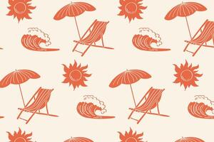 Retro summer beach pattern with umbrellas, waves and deckchairs vector