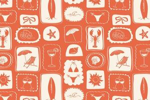 Colorful retro summer collage pattern with sea, vacation and beach symbols in stylized blocks, mosaic floral print. Textile pattern vector