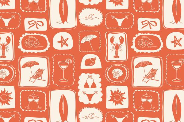 Colorful retro summer collage pattern with sea, vacation and beach symbols in stylized blocks, mosaic floral print. Textile pattern