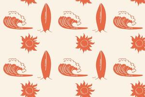 Surfer beach pattern with retro sun, waves and surfboards in summer style vector