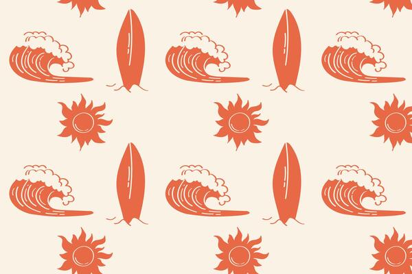Surfer beach pattern with retro sun, waves and surfboards in summer style