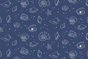 Navy blue ocean pattern with hand-drawn seashells, starfish, flowers and waves marine repeat for textiles and packaging. vector