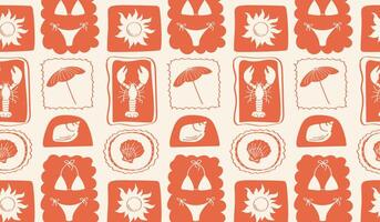 Retro summer pattern vintage summer print with lobsters, sun, swimsuits, umbrellas, shells in retro frames. Vintage sea print. vector