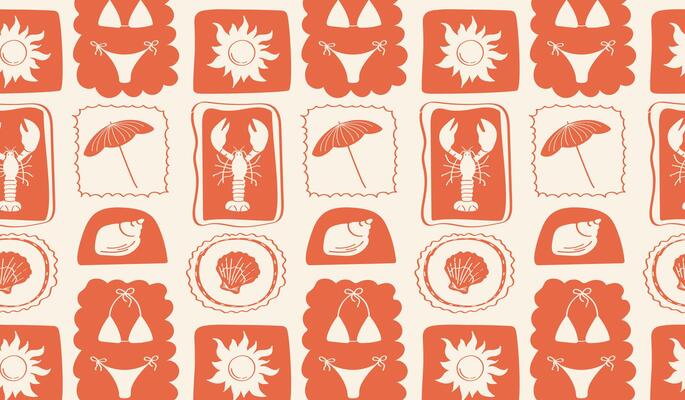 Retro summer pattern vintage summer print with lobsters, sun, swimsuits, umbrellas, shells in retro frames. Vintage sea print.