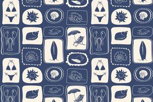 nautical pattern with marine symbols in square frames hand drawn nautical themed design with bikini, lobster, surfboard and waves in vintage navy blue color vector