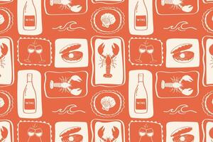 pattern with seafood, wine and summer with hand drawn square icons in coral red on light background. vector