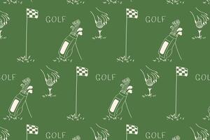 Hand-drawn golf design with clubs, flags, hands placing ball, and text on green background. Great for themed packaging, fabric, and digital products. vector